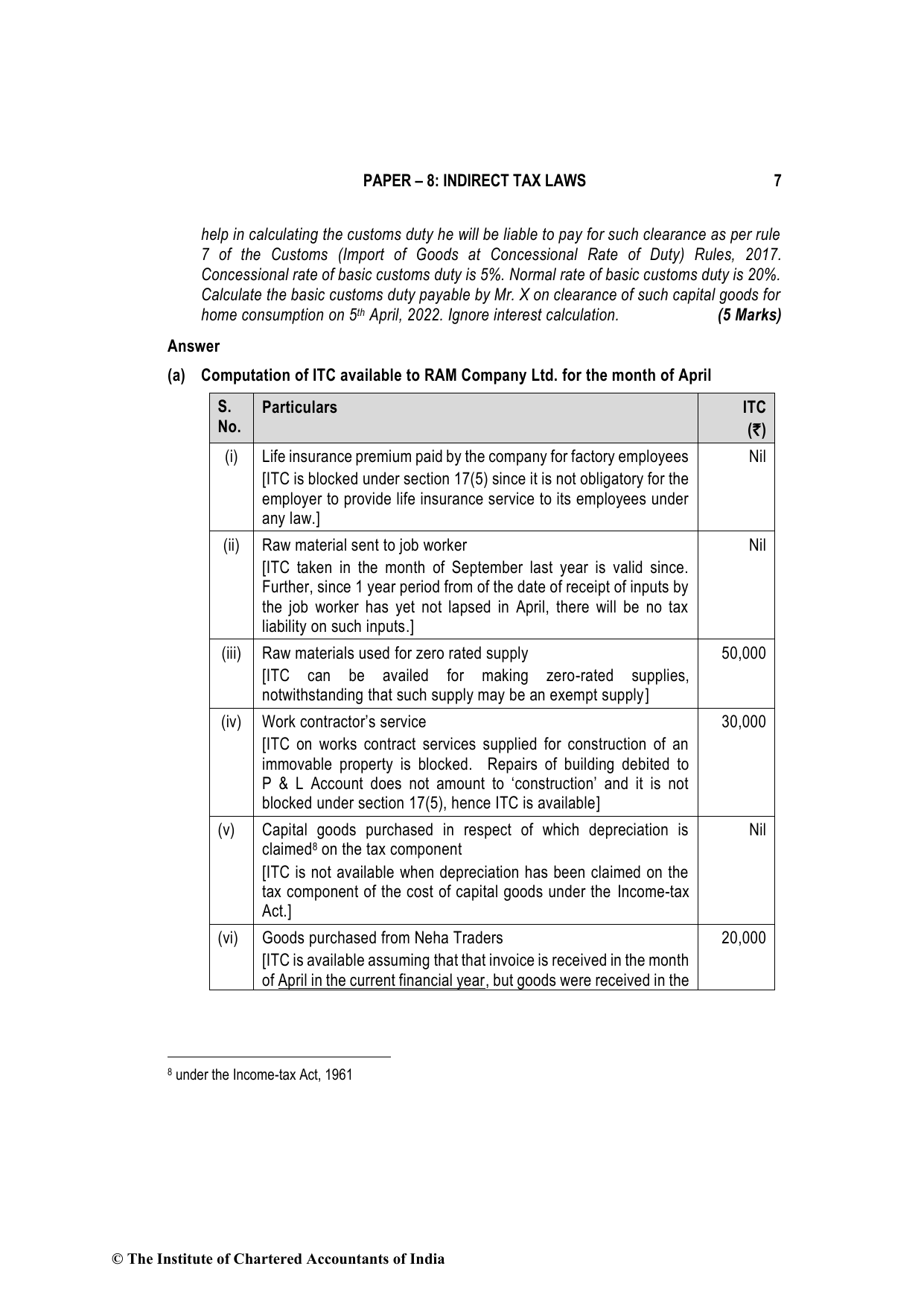 Indirect Tax Laws November 2022, question page 7