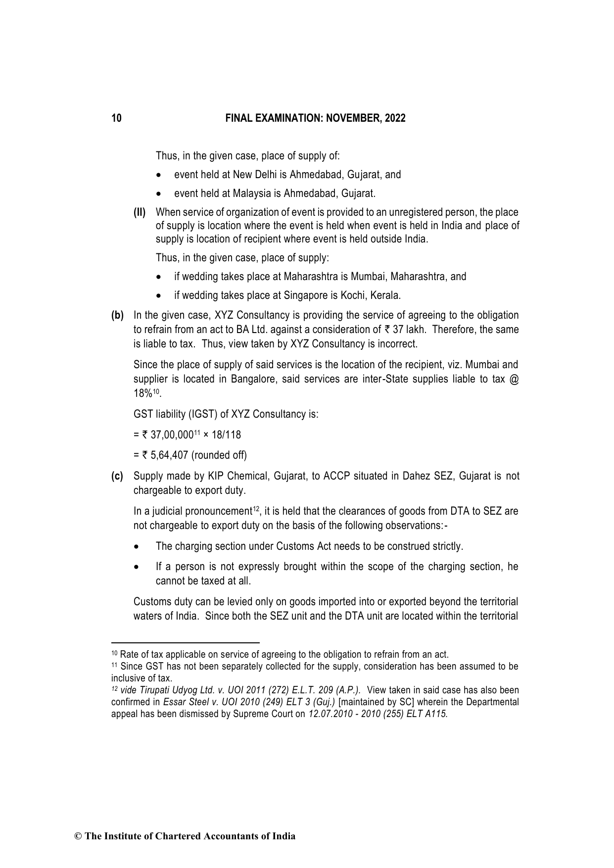 Indirect Tax Laws November 2022, question page 10