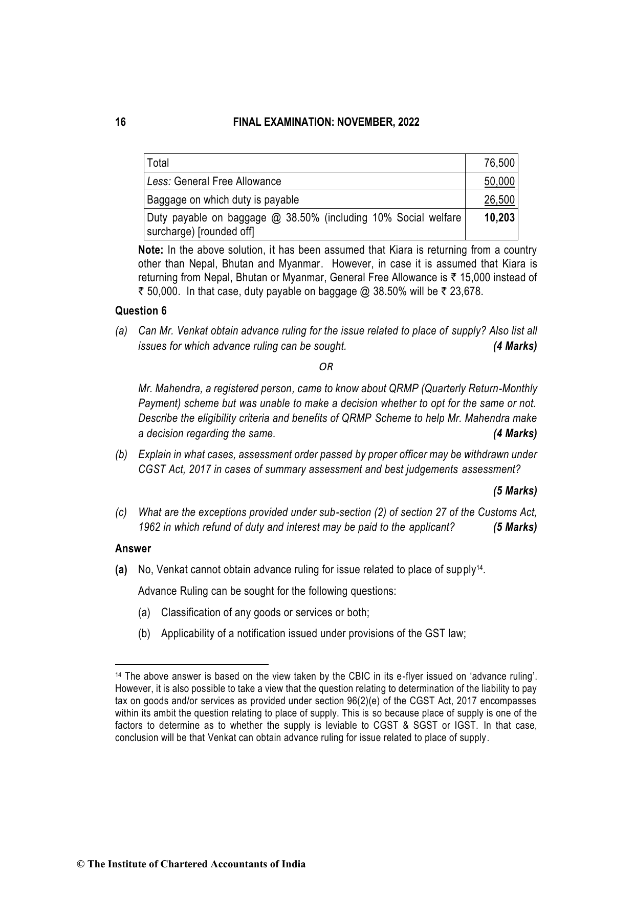 Indirect Tax Laws November 2022, question page 16