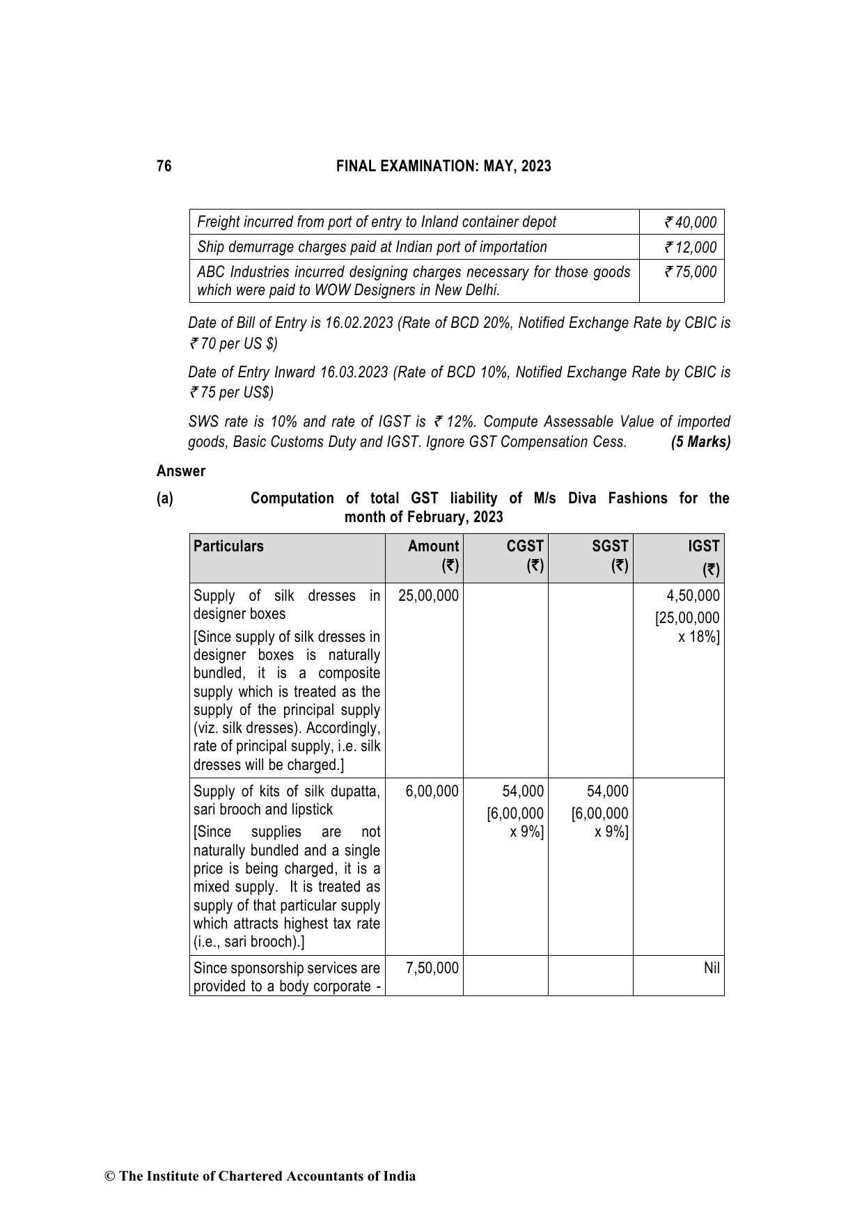 Indirect Tax Laws May 2023, question page 7
