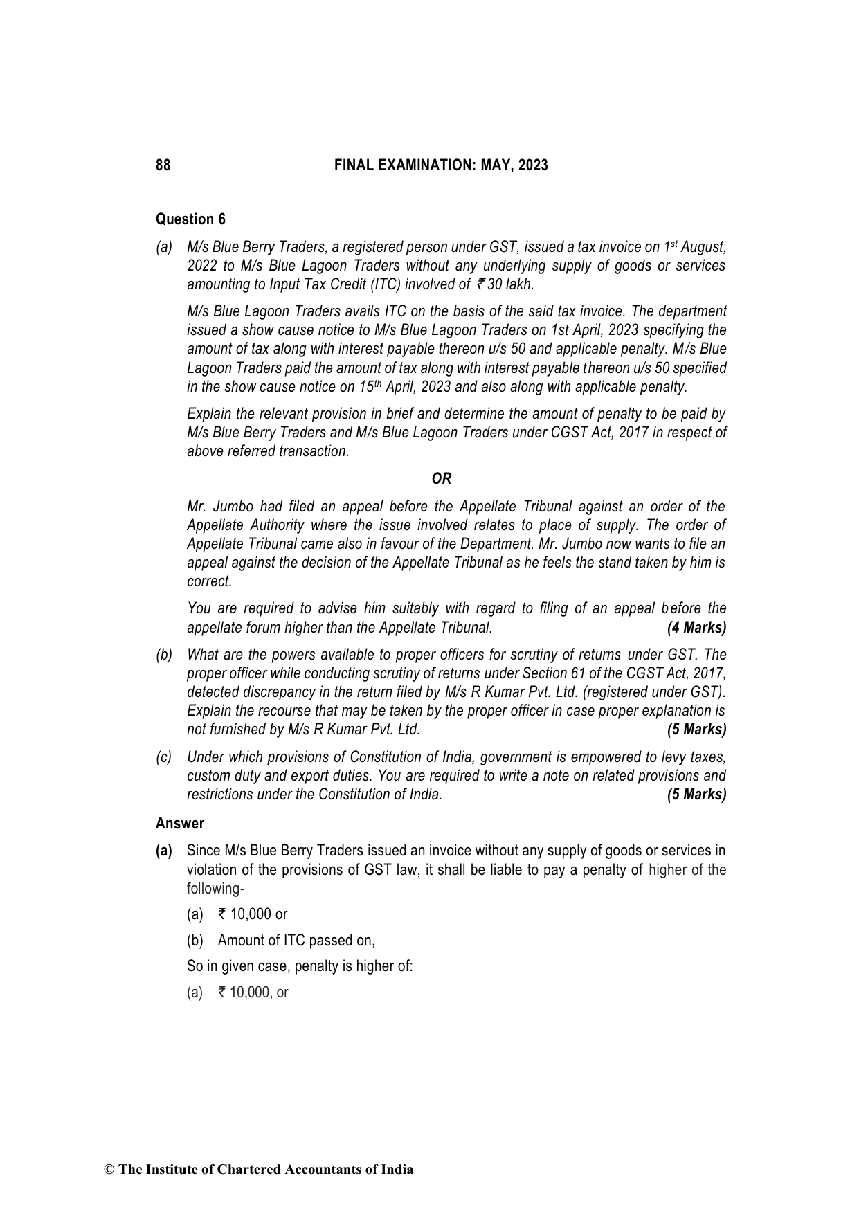Indirect Tax Laws May 2023, question page 19