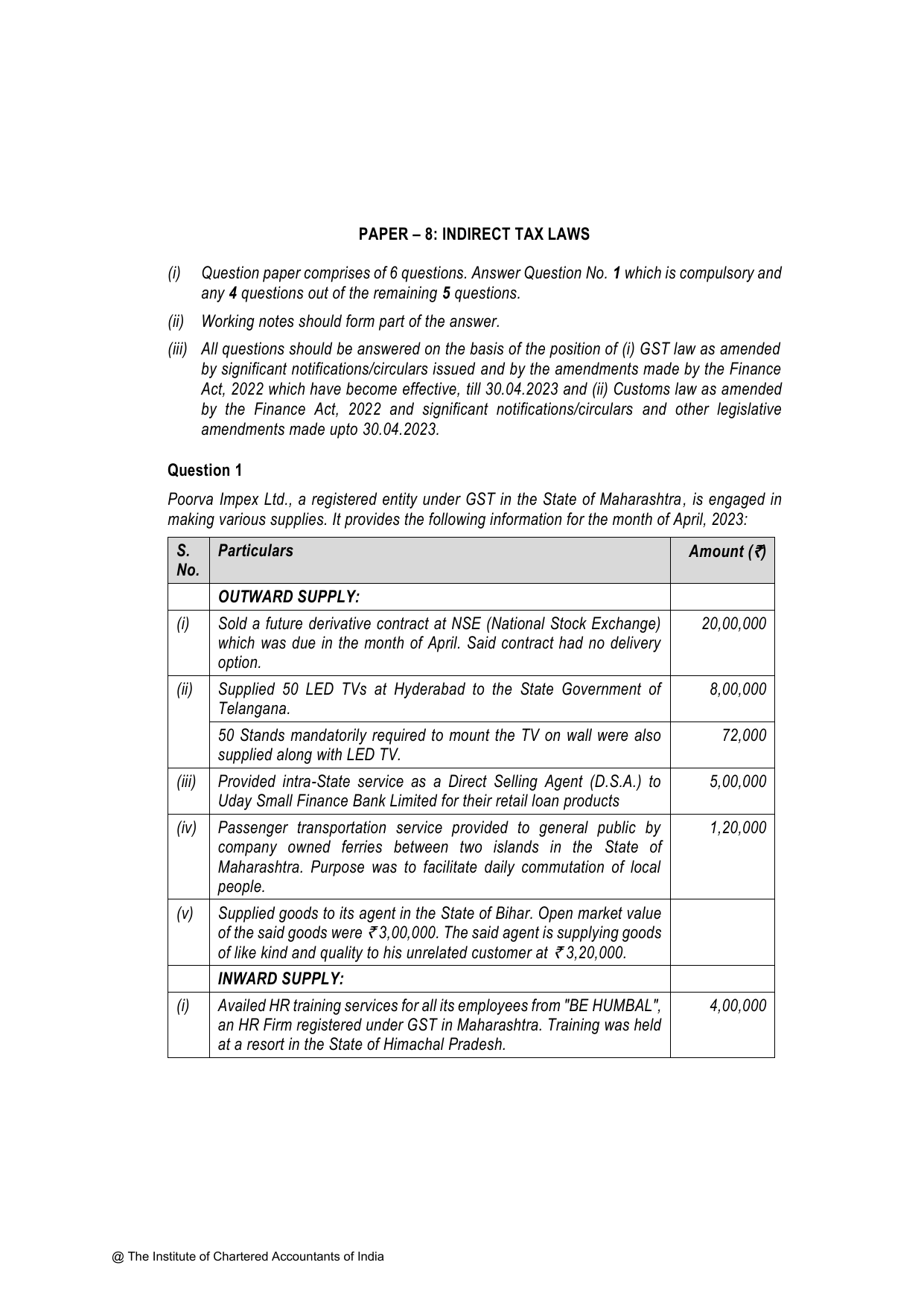 Indirect Tax Laws November 2023, question page 1