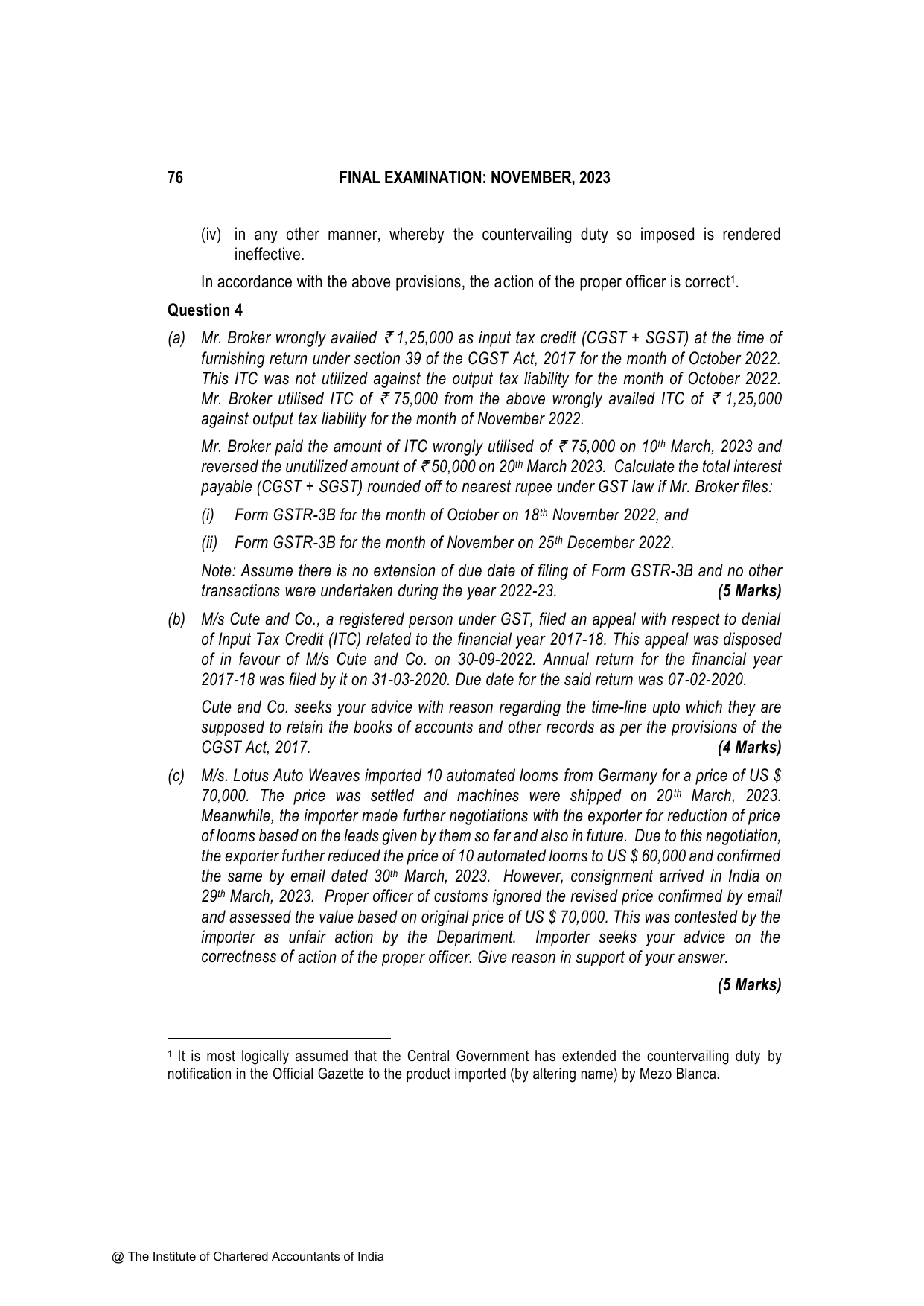 Indirect Tax Laws November 2023, question page 12