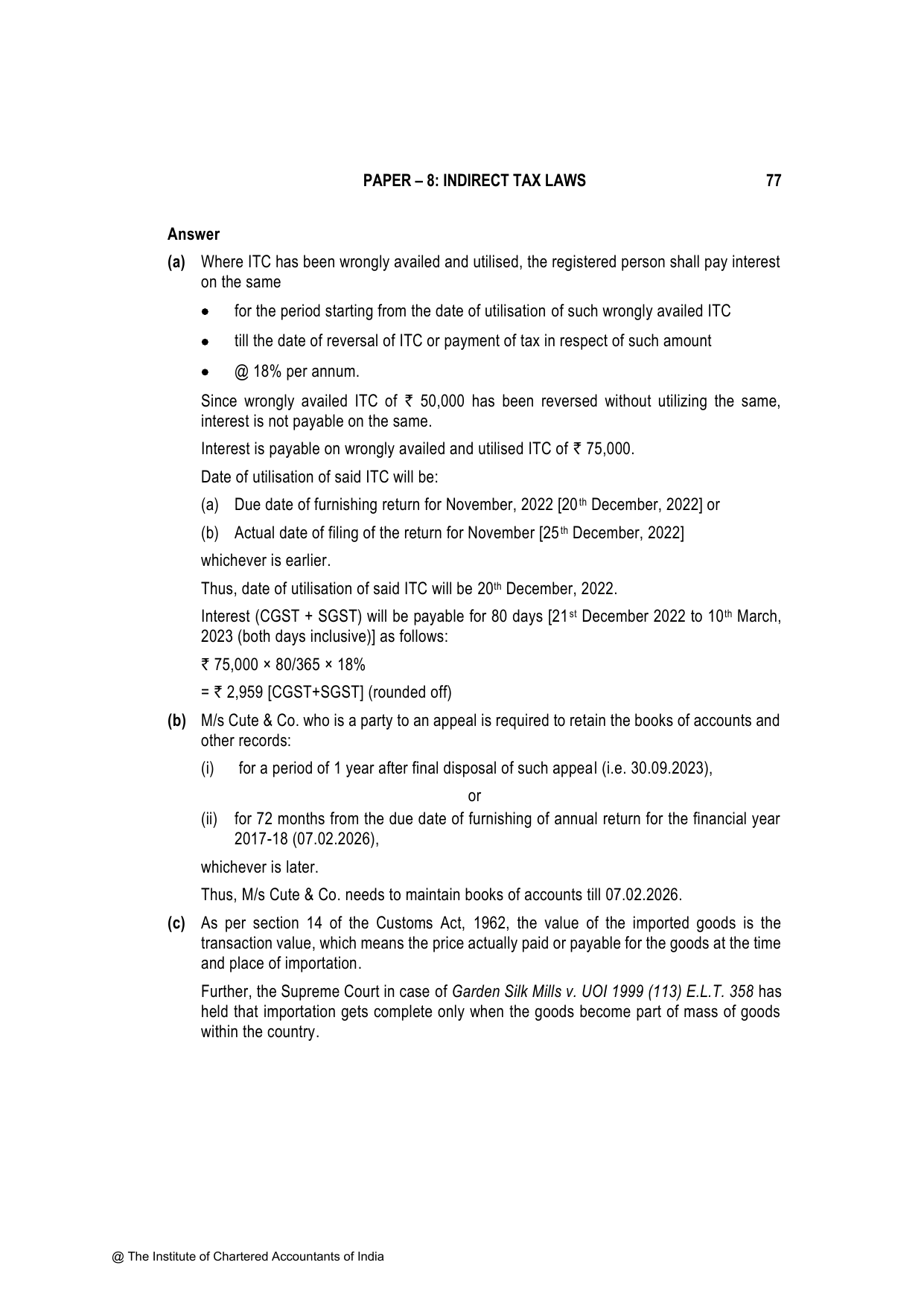 Indirect Tax Laws November 2023, question page 13