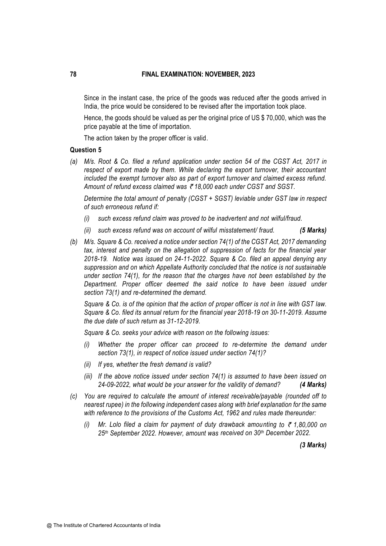 Indirect Tax Laws November 2023, question page 14