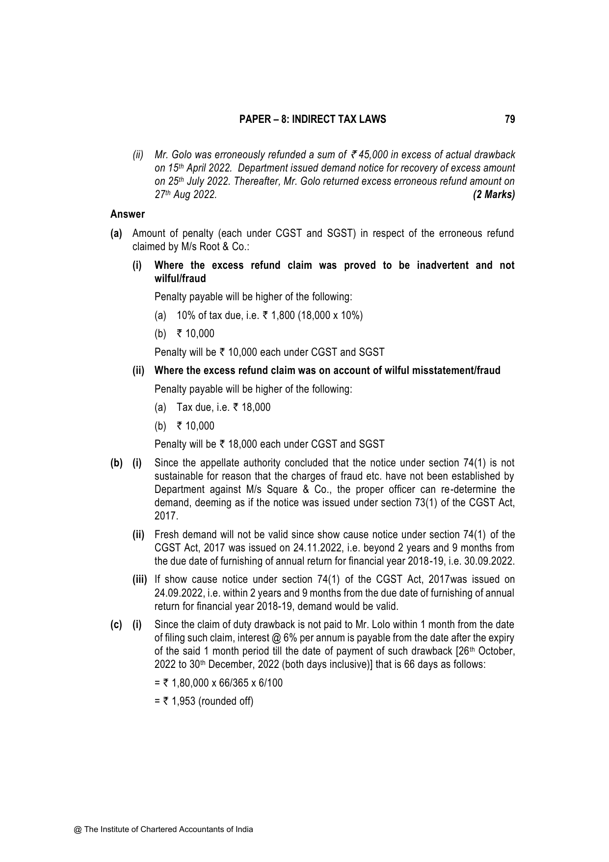 Indirect Tax Laws November 2023, question page 15