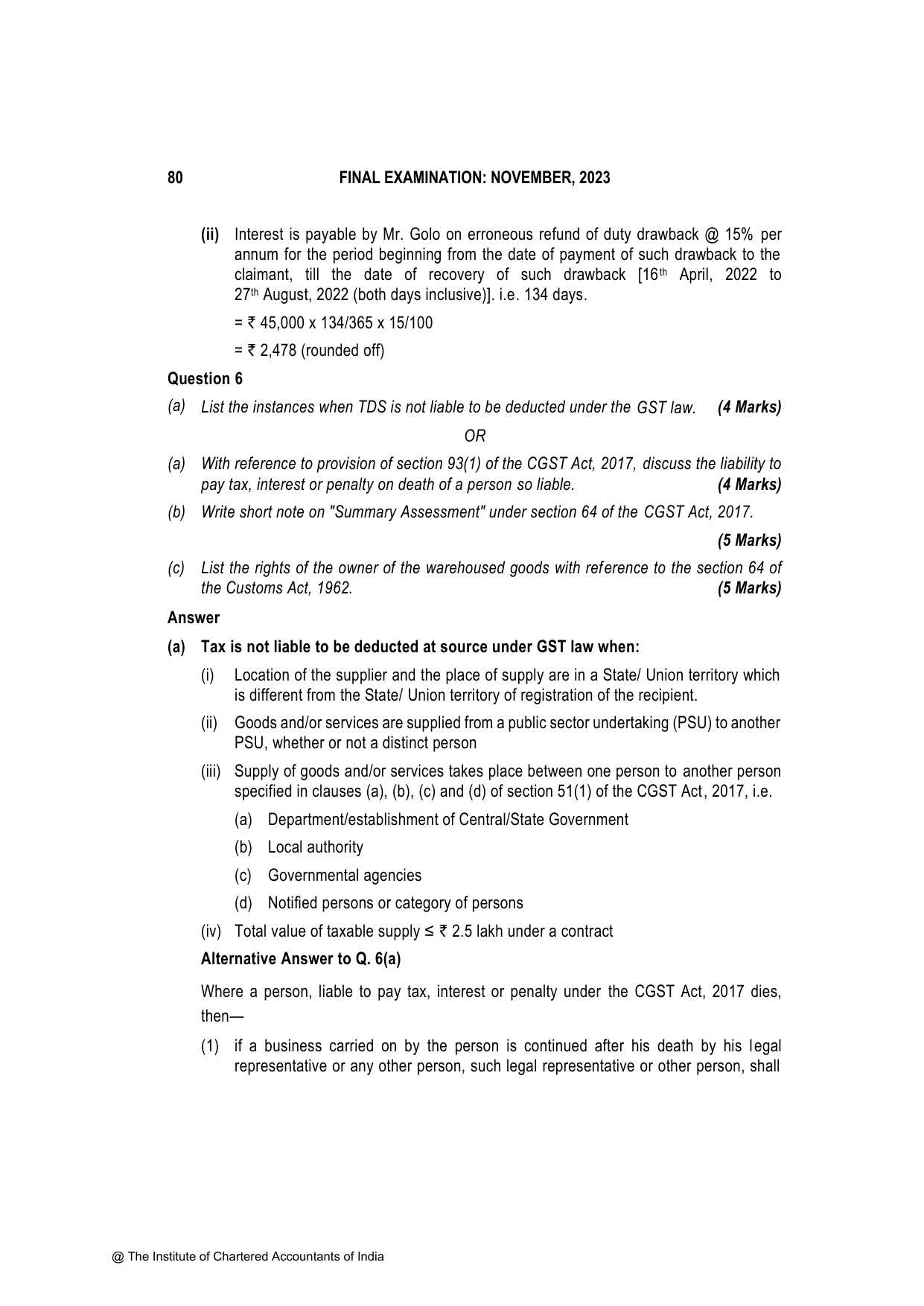 Indirect Tax Laws November 2023, question page 16