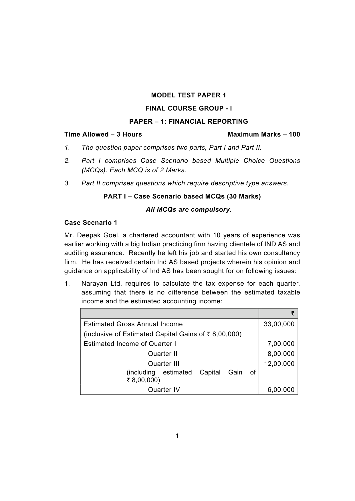 Paper 1: Financial Reporting — Model Test Paper 1, question page 1