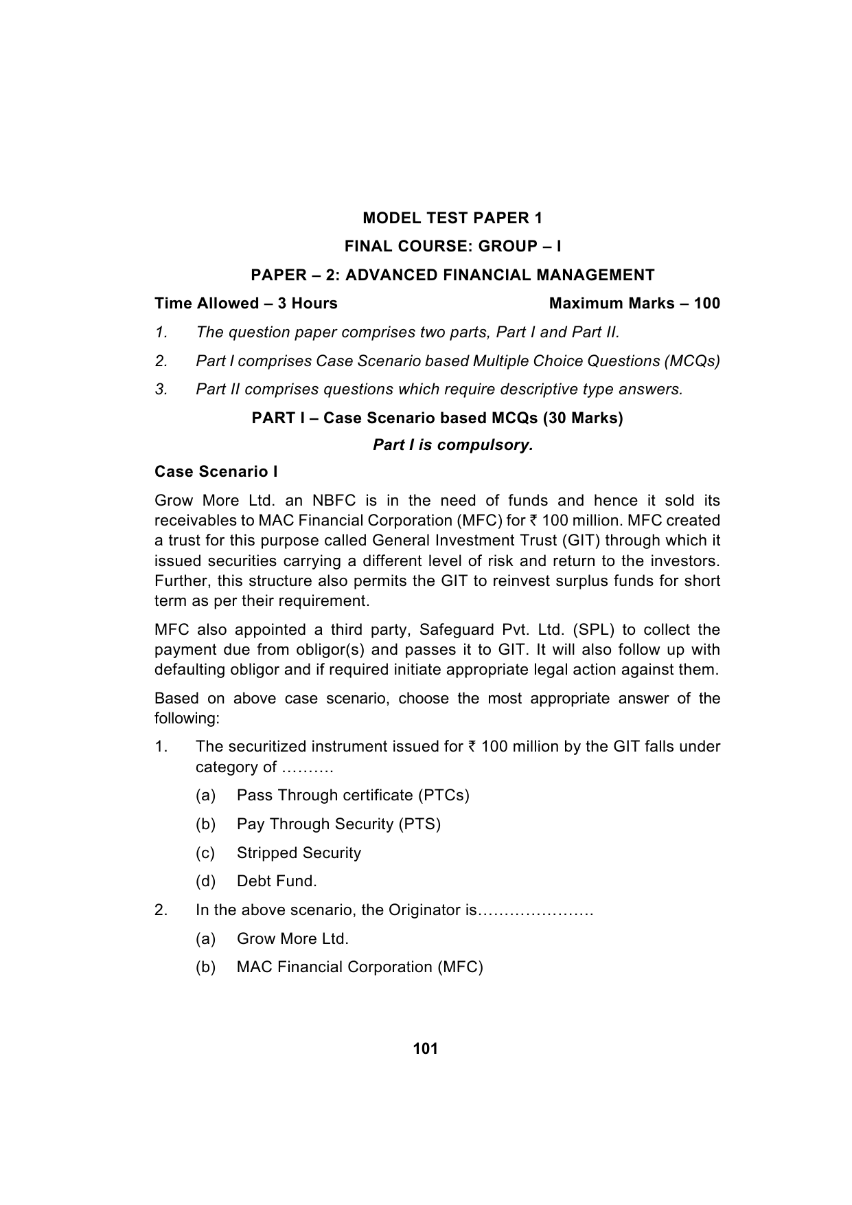 Paper 2: Advanced Financial Management — Model Test Paper 1, question page 1