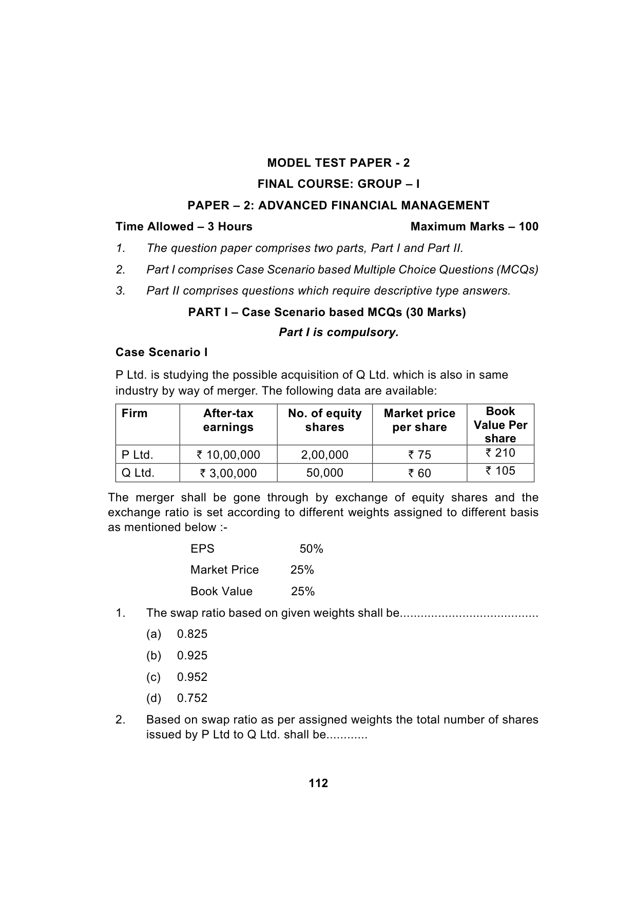 Paper 2: Advanced Financial Management — Model Test Paper 2, question page 1