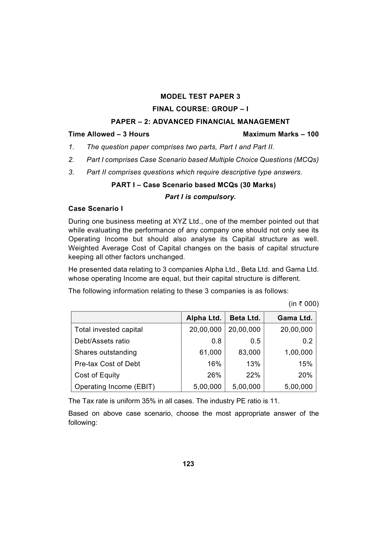 Paper 2: Advanced Financial Management — Model Test Paper 3, question page 1