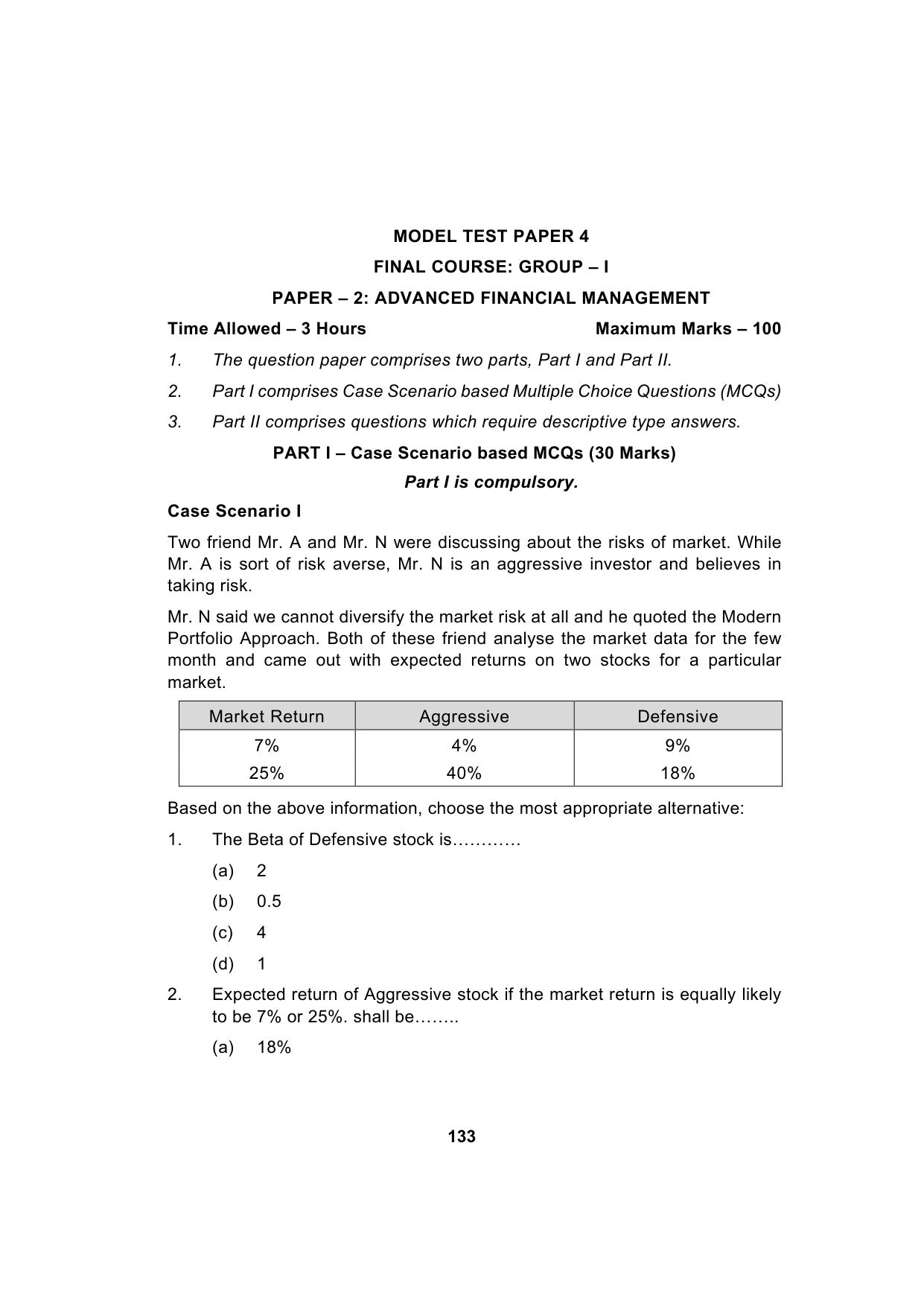 Paper 2: Advanced Financial Management — Model Test Paper 4, question page 1