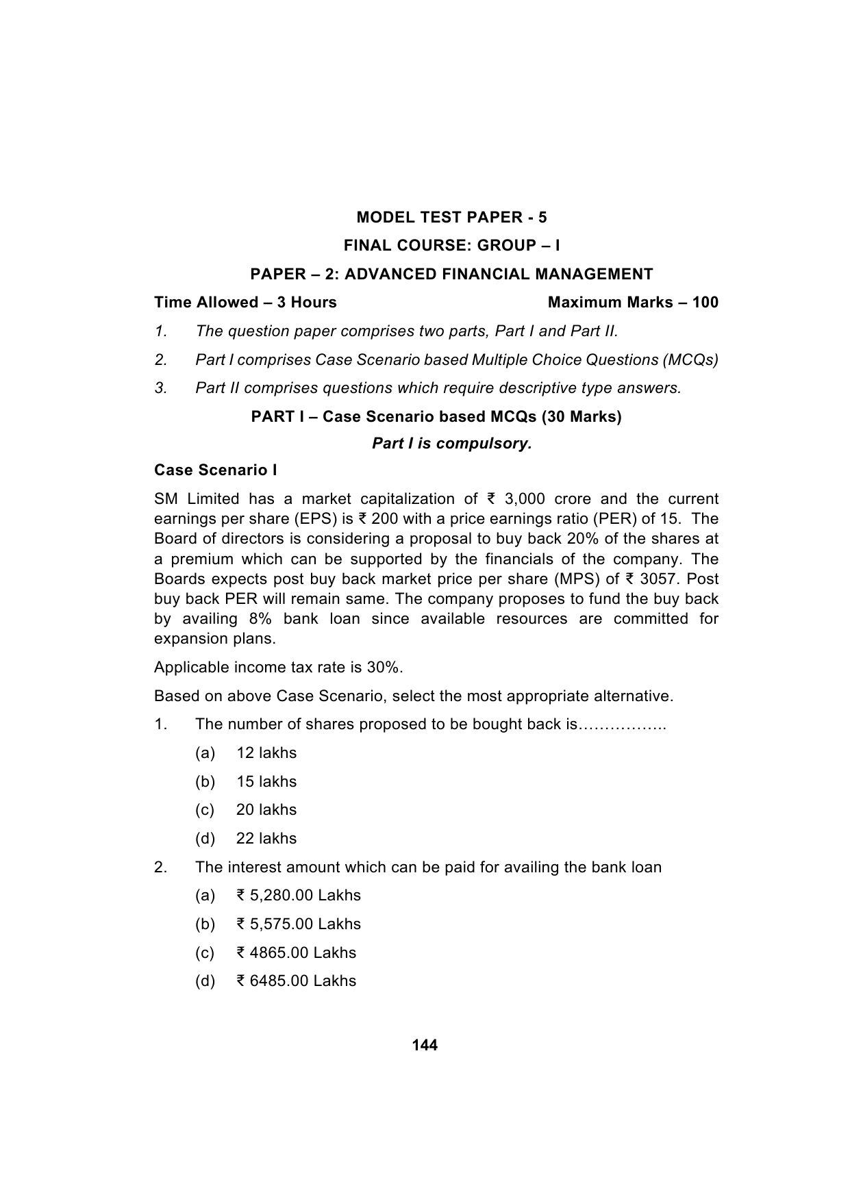 Paper 2: Advanced Financial Management — Model Test Paper 5, question page 1