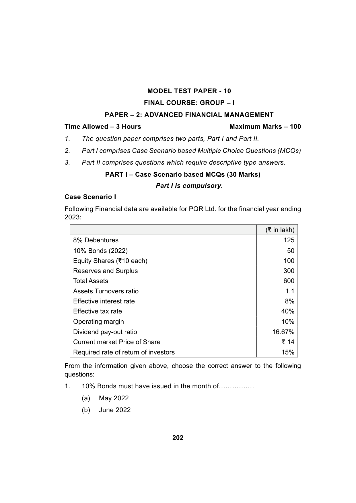 Paper 2: Advanced Financial Management — Model Test Paper 10, question page 1