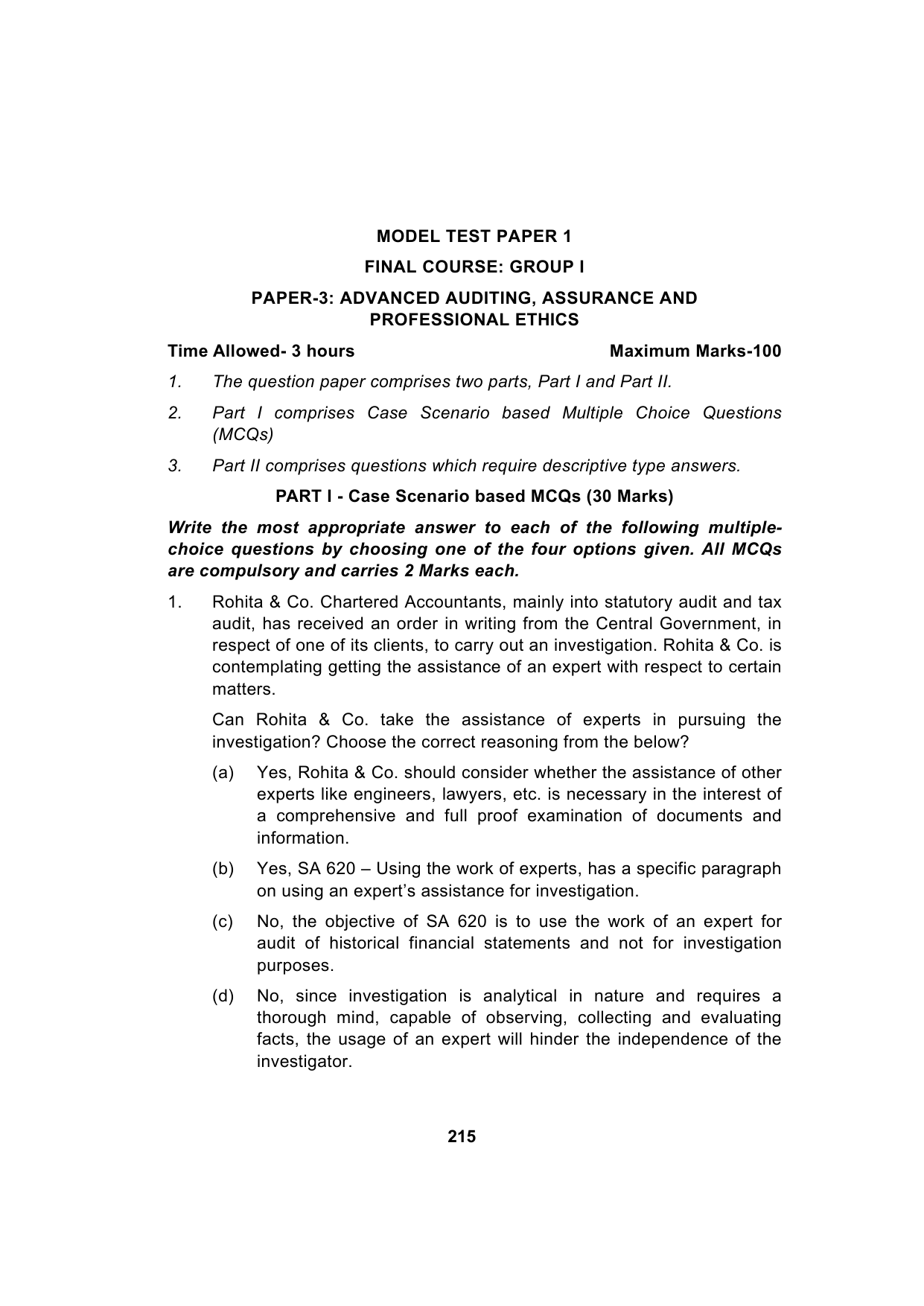 Paper 3: Advanced Auditing, Assurance and Professional Ethics — Model Test Paper 1, question page 1