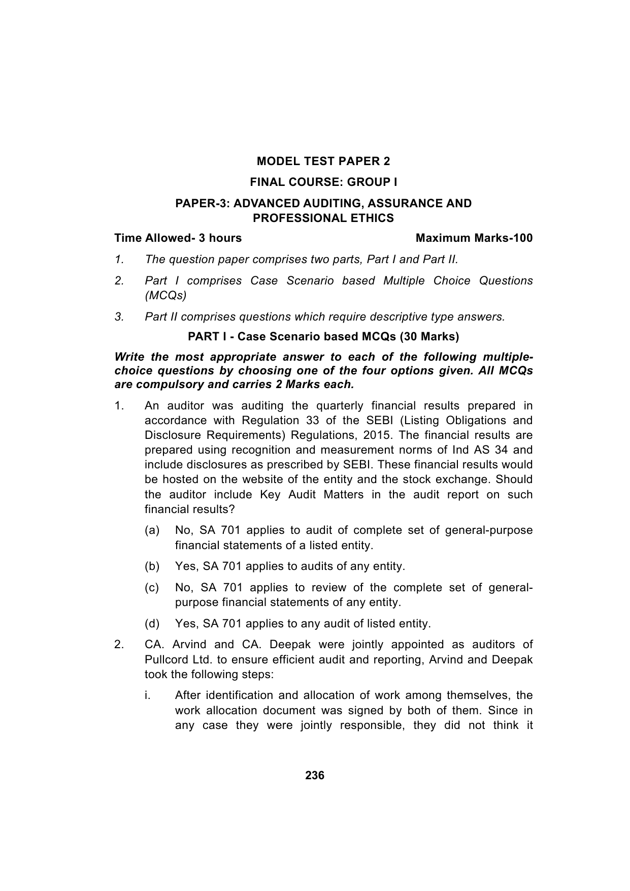 Paper 3: Advanced Auditing, Assurance and Professional Ethics — Model Test Paper 2, question page 1