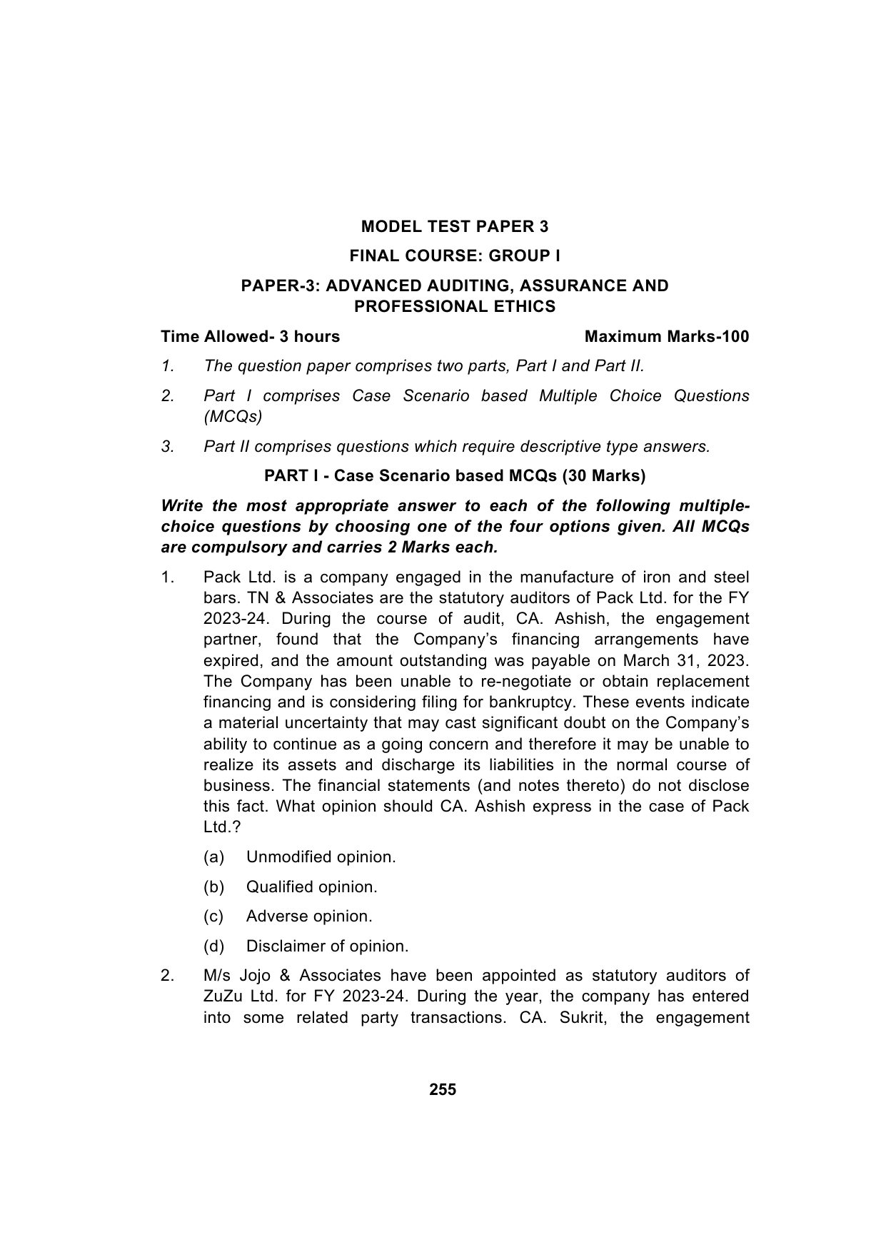 Paper 3: Advanced Auditing, Assurance and Professional Ethics — Model Test Paper 3, question page 1