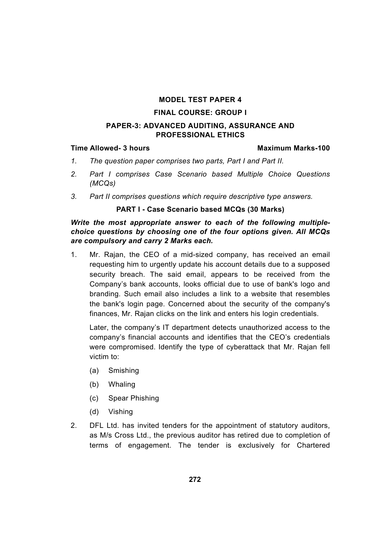 Paper 3: Advanced Auditing, Assurance and Professional Ethics — Model Test Paper 4, question page 1
