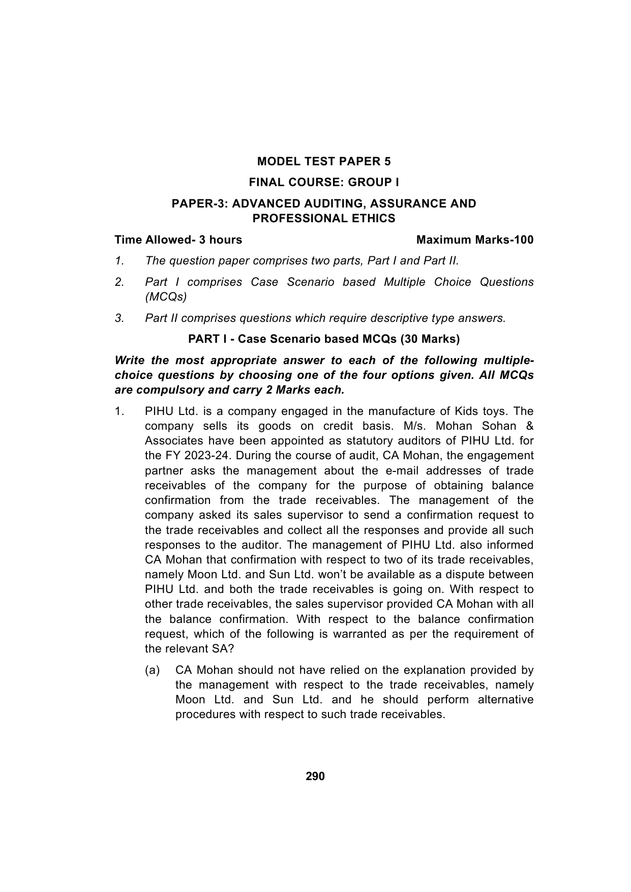 Paper 3: Advanced Auditing, Assurance and Professional Ethics — Model Test Paper 5, question page 1