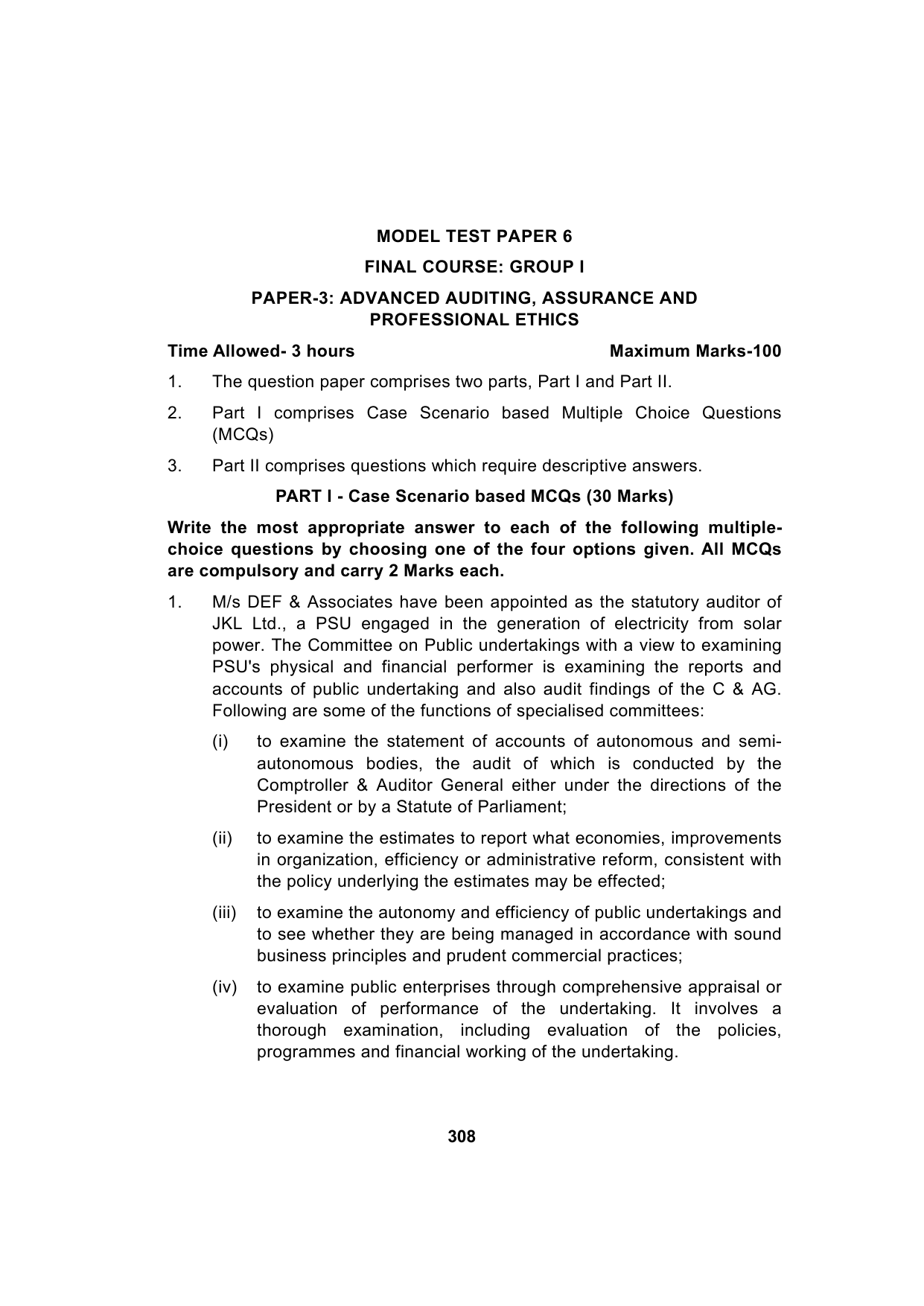 Paper 3: Advanced Auditing, Assurance and Professional Ethics — Model Test Paper 6, question page 1