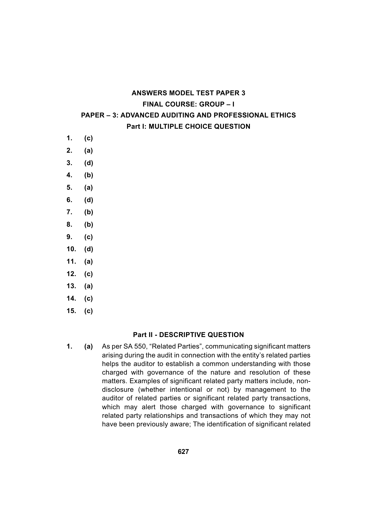 Paper 3: Advanced Auditing, Assurance and Professional Ethics — Model Test Paper 3, answer page 1