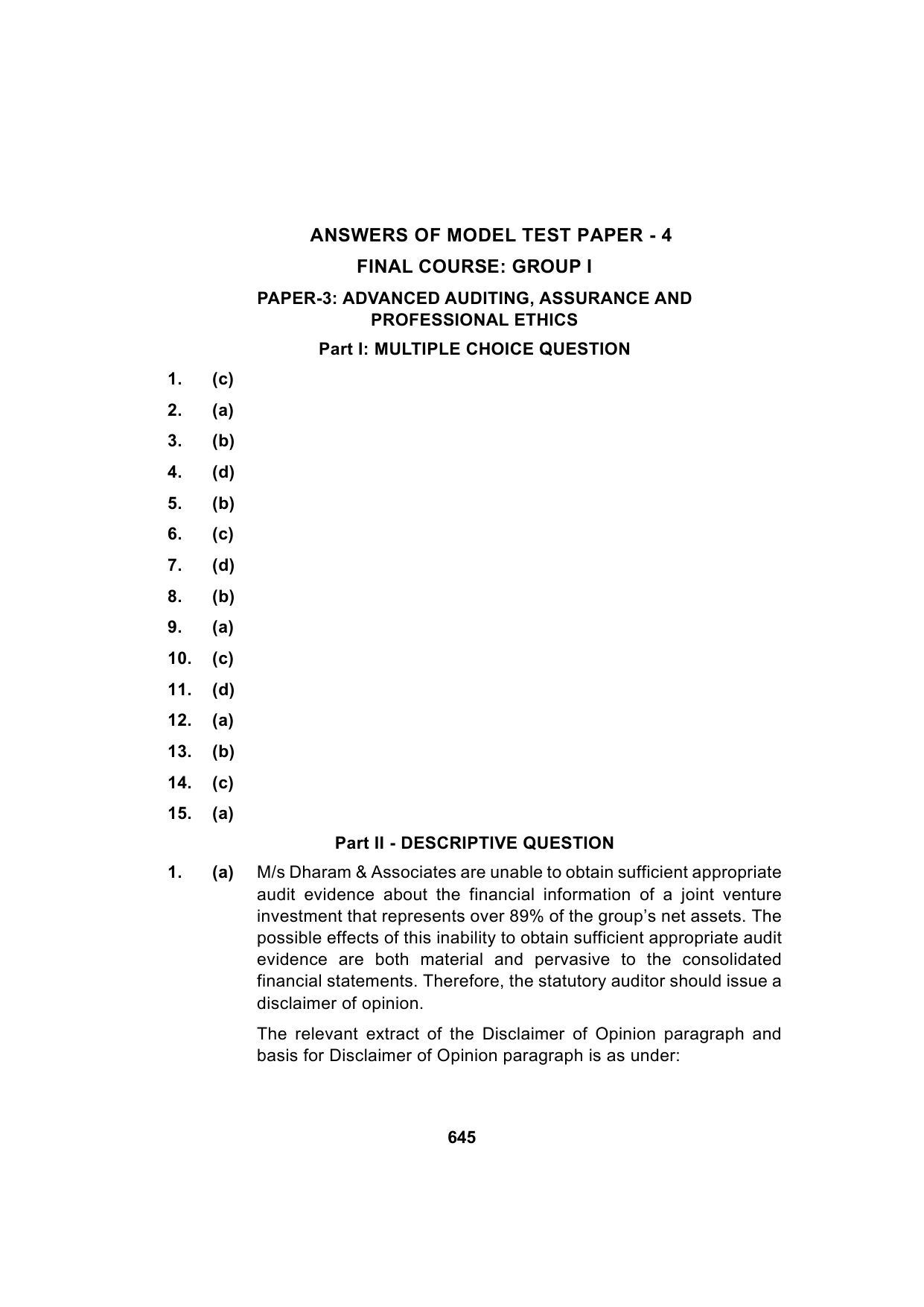 Paper 3: Advanced Auditing, Assurance and Professional Ethics — Model Test Paper 4, answer page 1