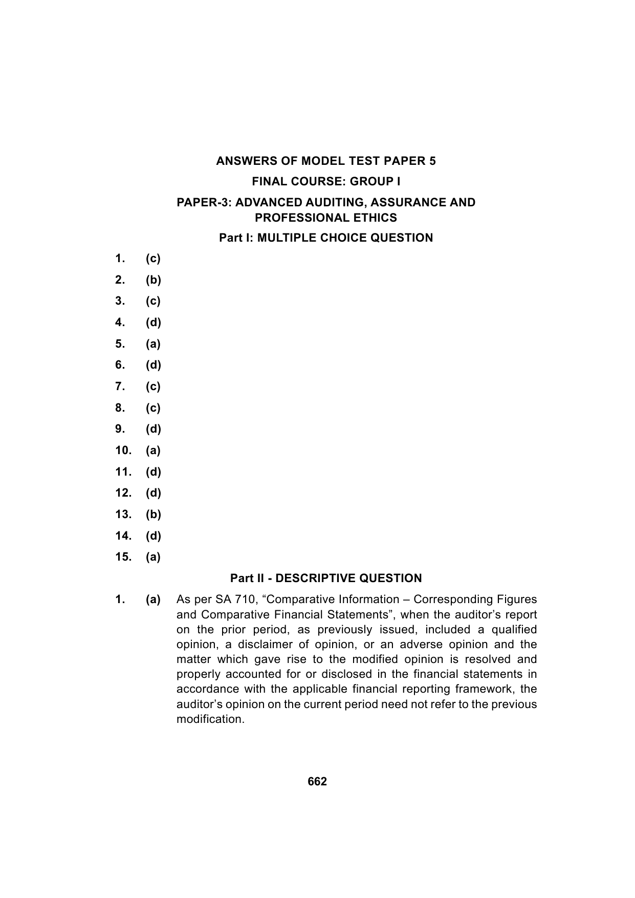 Paper 3: Advanced Auditing, Assurance and Professional Ethics — Model Test Paper 5, answer page 1