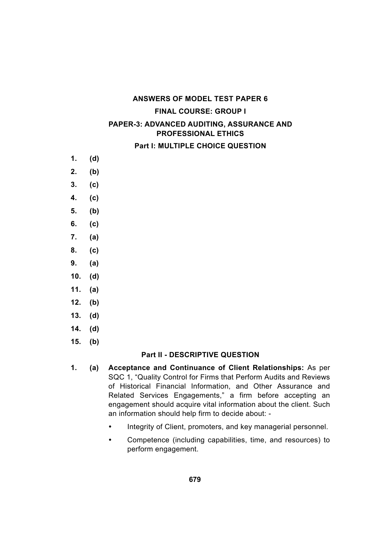 Paper 3: Advanced Auditing, Assurance and Professional Ethics — Model Test Paper 6, answer page 1